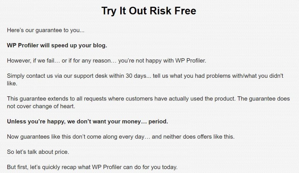 WP Profiler Review Money Back Guarantee